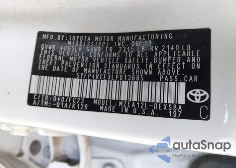 2020 Toyota Corolla Se z USA, uszkodzony, nr VIN 5YFP4RCEXLP013685